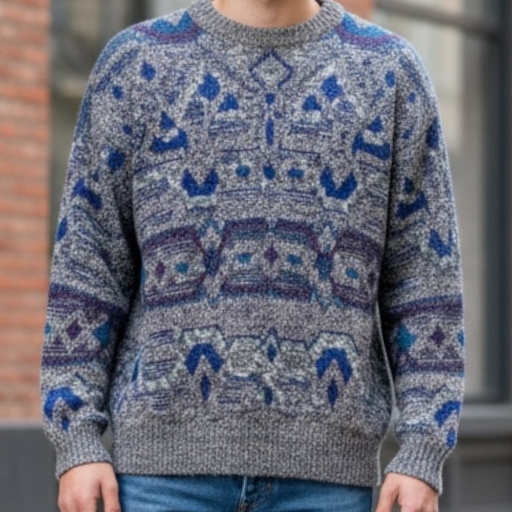 Vintage 80s Peter England Graphic Grandpa Sweater Gray SZ L